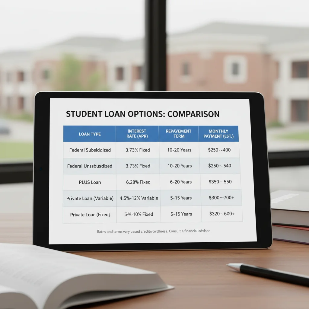 Tablette affichant un tableau comparatif des prêts étudiants avec différents taux d'intérêt et modalités de remboursement.