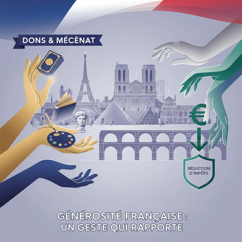 Illustration de dons à des associations et institutions culturelles, symbolisant les réductions fiscales.