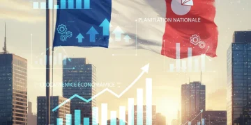Drapeau français flottant au-dessus d'une ville, symbolisant la réforme des retraites et l'avenir économique de la France en 2026.