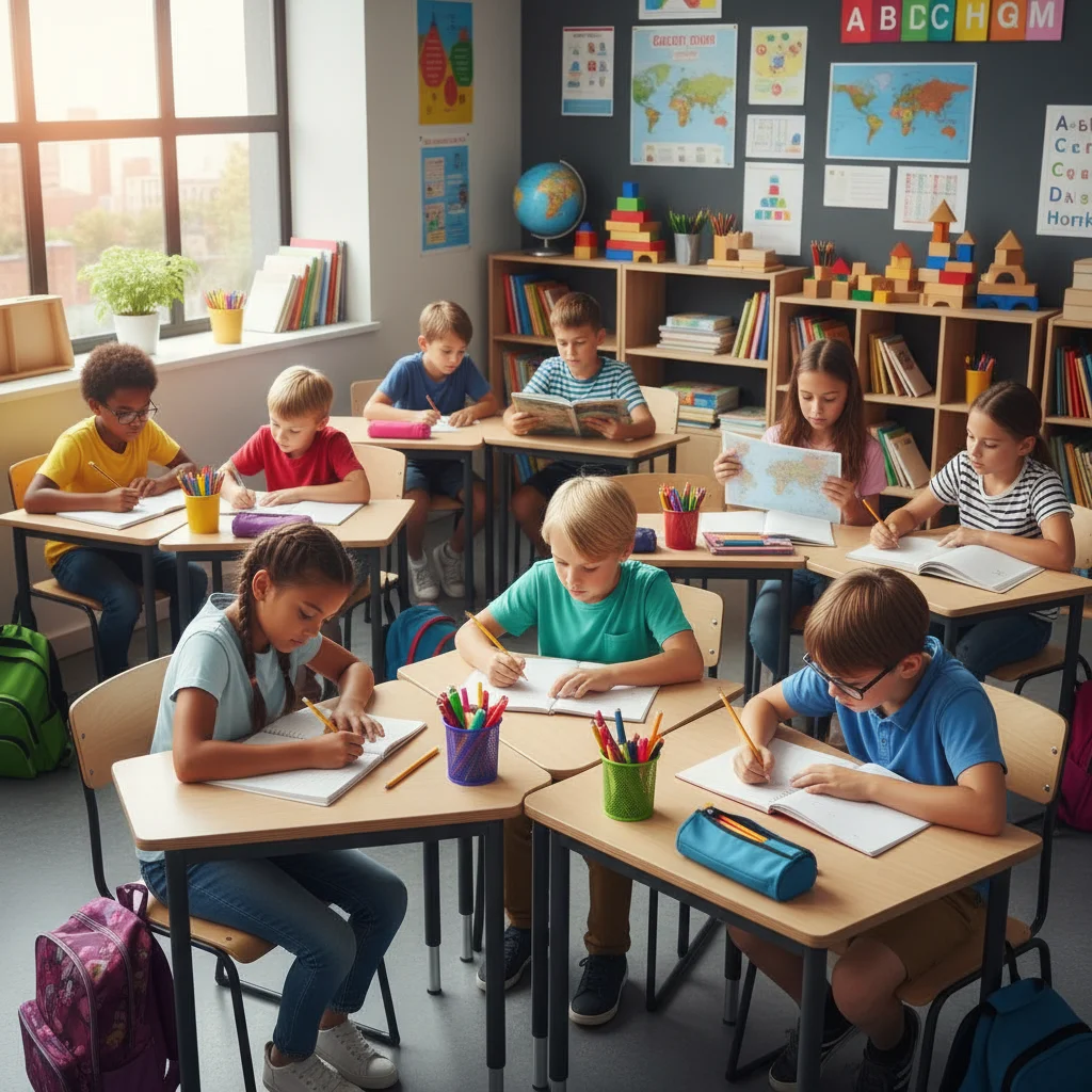 Enfants de différents âges étudiant dans une salle de classe moderne, illustrant l'impact de l'ARS 2026.