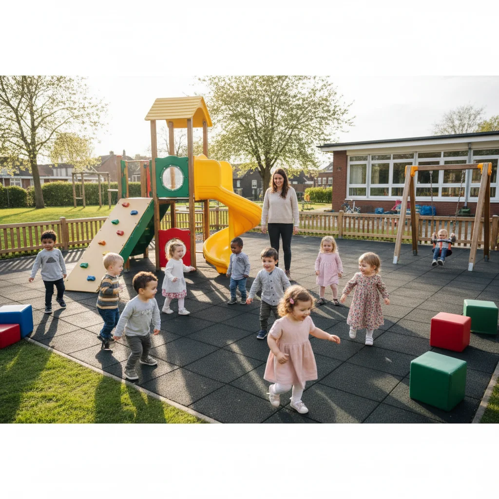 Enfants jouant joyeusement dans une cour de récréation, développant leurs compétences sociales et motrices.