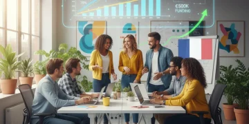 Entrepreneurs souriants collaborant dans un bureau moderne, symbolisant le soutien aux PME en France pour 2026.