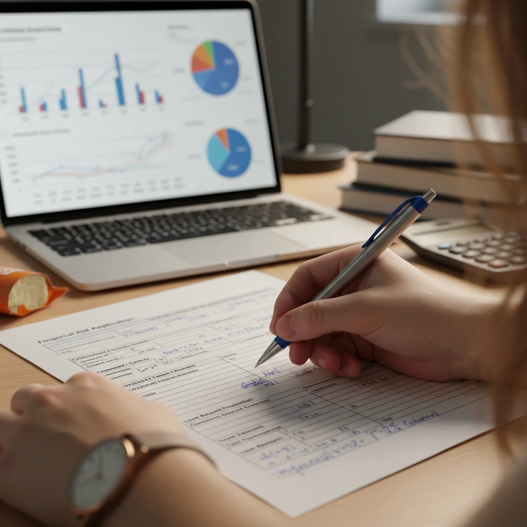 Main d'un étudiant remplissant un formulaire de demande d'aide financière, avec un ordinateur portable affichant des graphiques financiers.