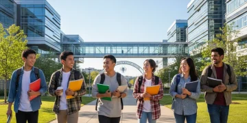 Groupe d'étudiants souriants sur un campus universitaire moderne, symbolisant l'accès aux études supérieures.