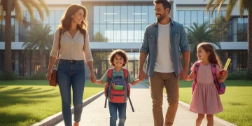 Famille souriante avec enfants et cartables devant une école, symbolisant la rentrée scolaire 2026.