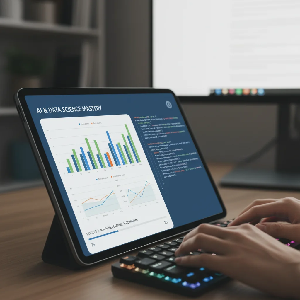 Écran de tablette affichant un module de formation en intelligence artificielle et science des données.