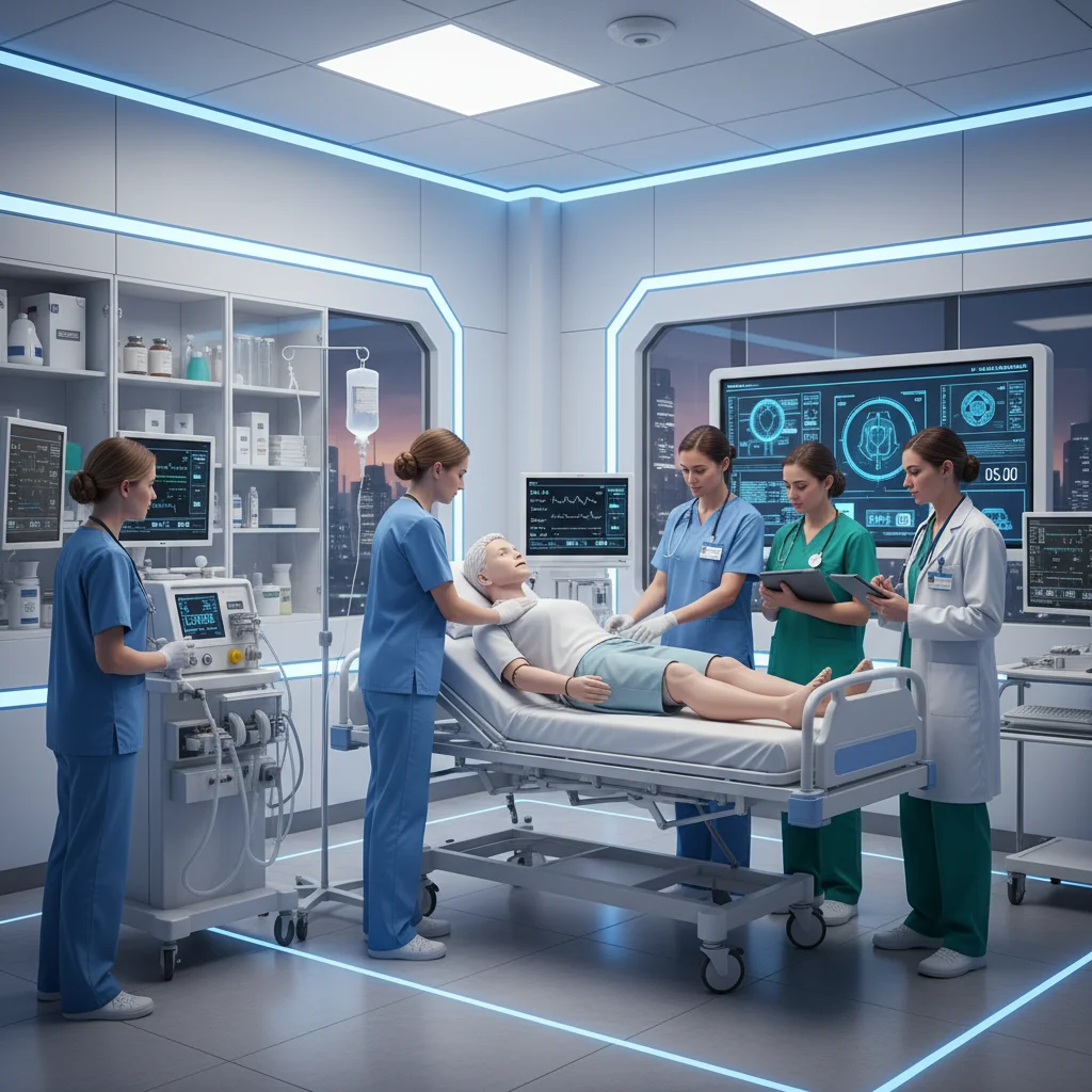 Personnel de santé en formation pratique utilisant des équipements médicaux avancés.