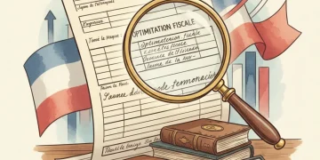 Illustration d'un formulaire de déclaration de revenus français avec une loupe, symbolisant l'optimisation fiscale.