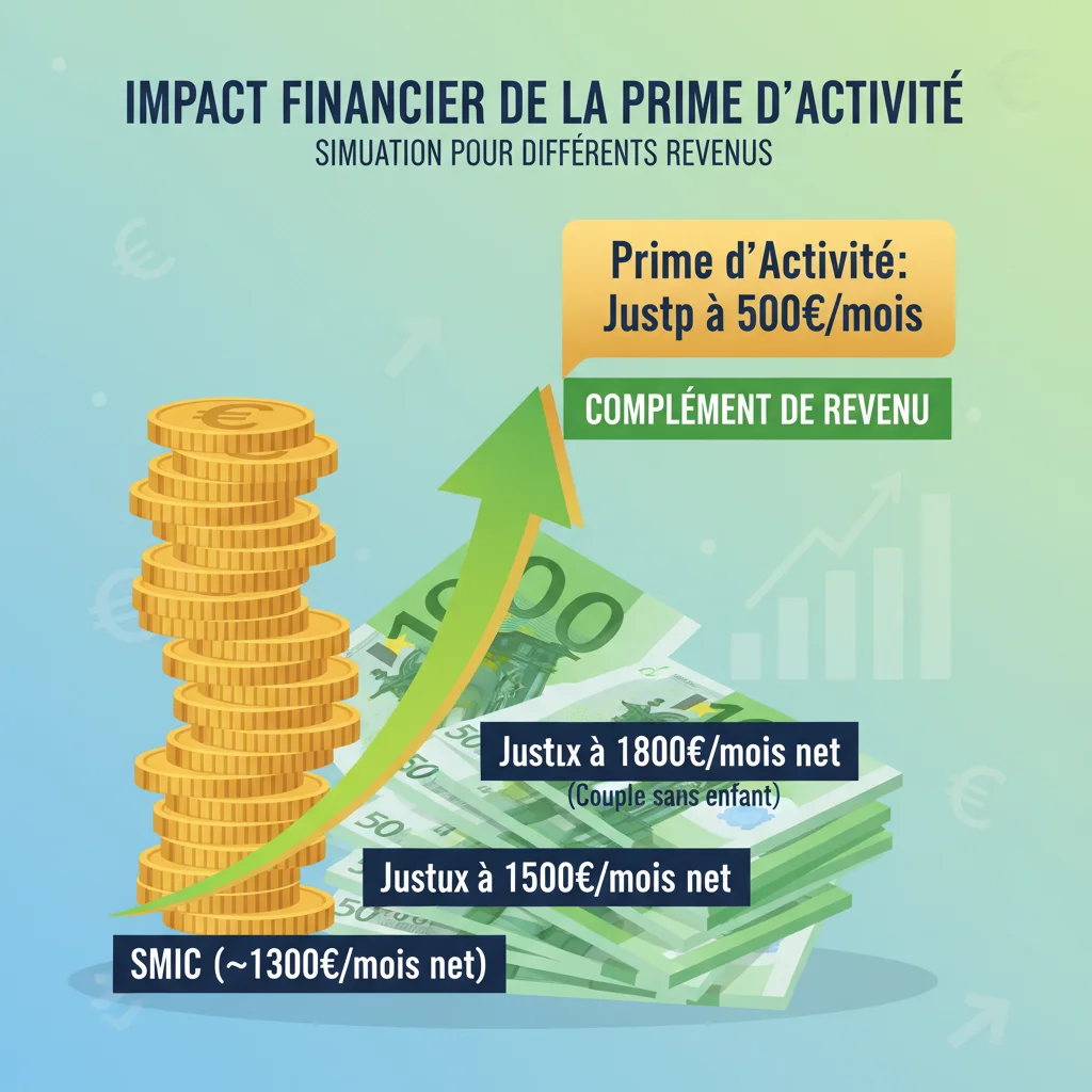 Illustration des montants de la prime d'activité et des seuils de revenus, avec une flèche montante.