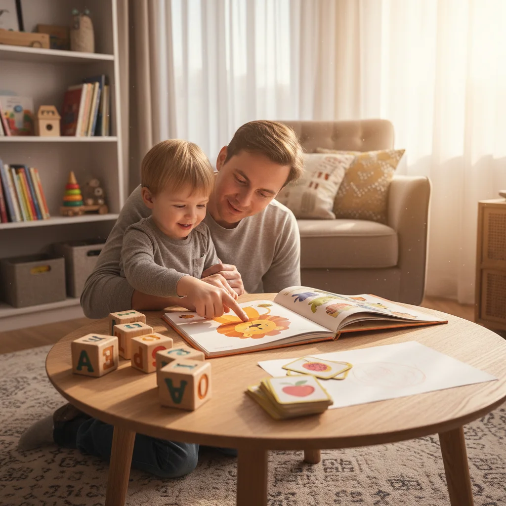 Parent et enfant lisant un livre ensemble, favorisant l'apprentissage précoce et le lien familial.