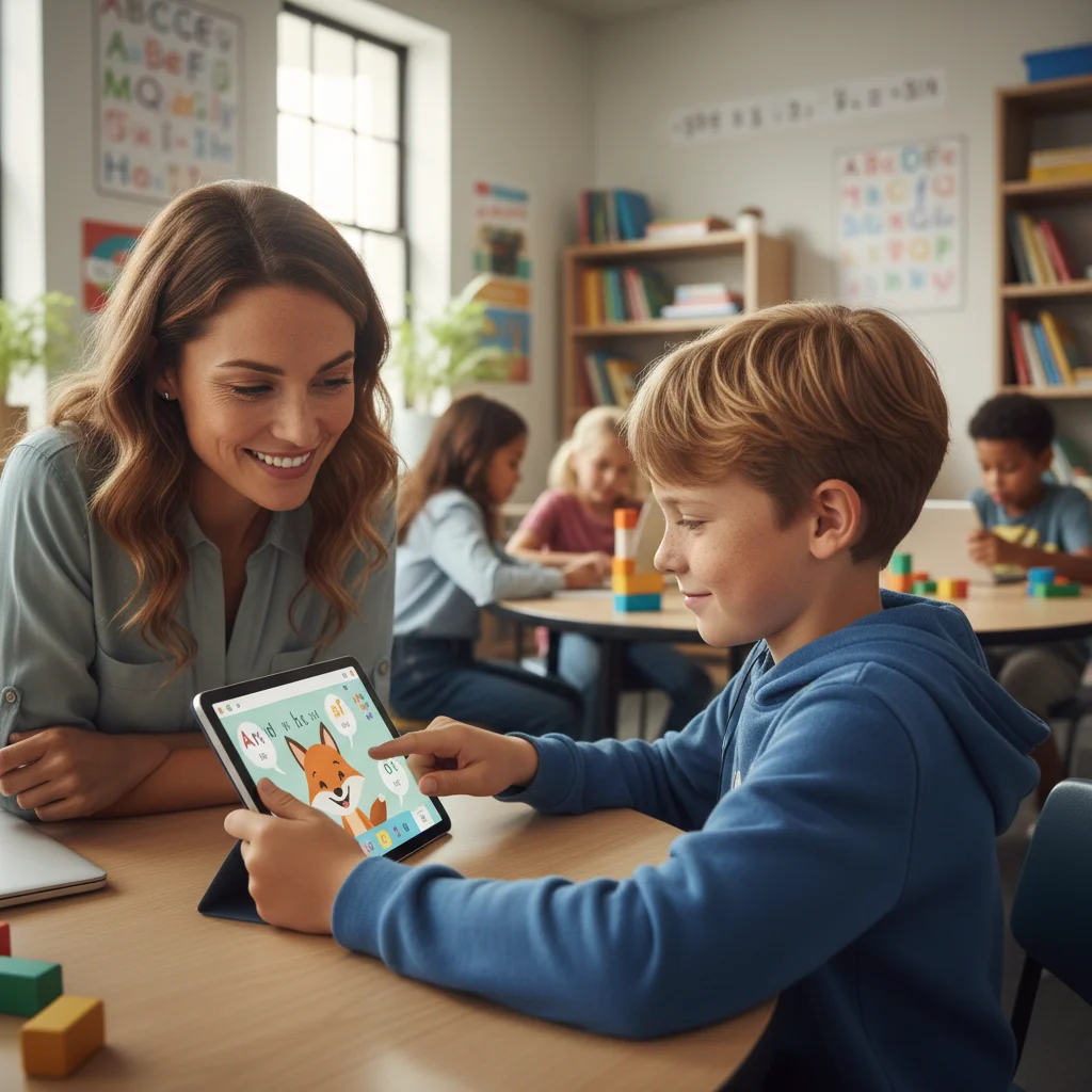 Enseignant aidant un élève avec un outil numérique, symbolisant l'accompagnement personnalisé en éducation inclusive.