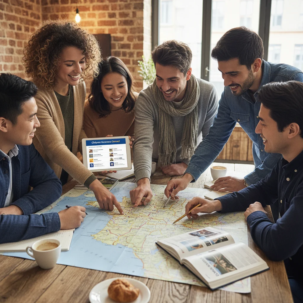 Groupe d'amis planifiant des vacances en France, utilisant une carte et un ordinateur portable pour organiser leur séjour avec les chèques-vacances.
