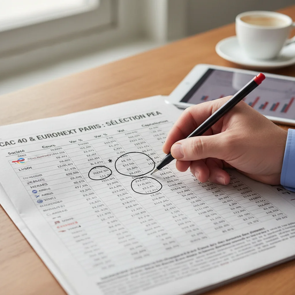 Gros plan sur un journal financier avec des cotations boursières et la sélection d'actions françaises pour le PEA.