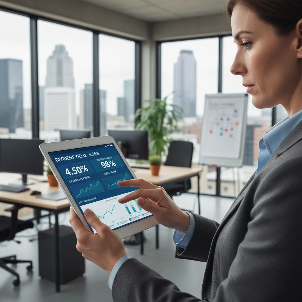 Personne consultant un tableau de bord financier SCPI sur tablette, analysant les rendements et métriques clés.
