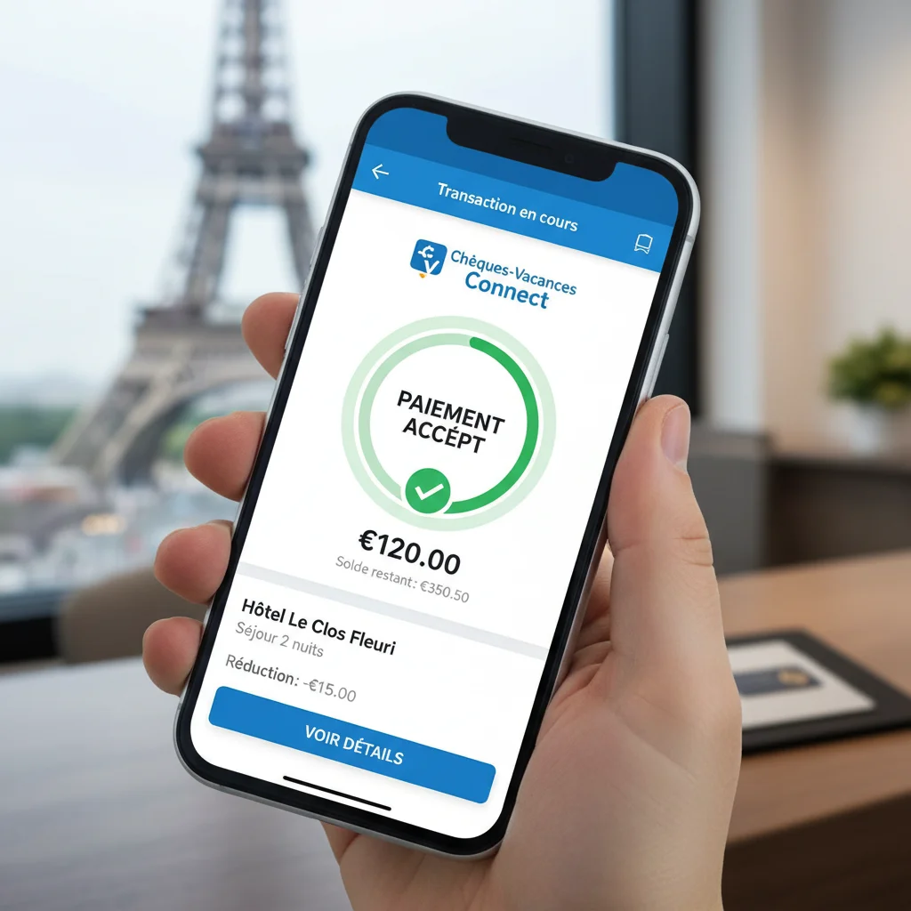 Écran de smartphone affichant l'application Chèques-Vacances Connect lors d'une transaction pour une activité de loisir.