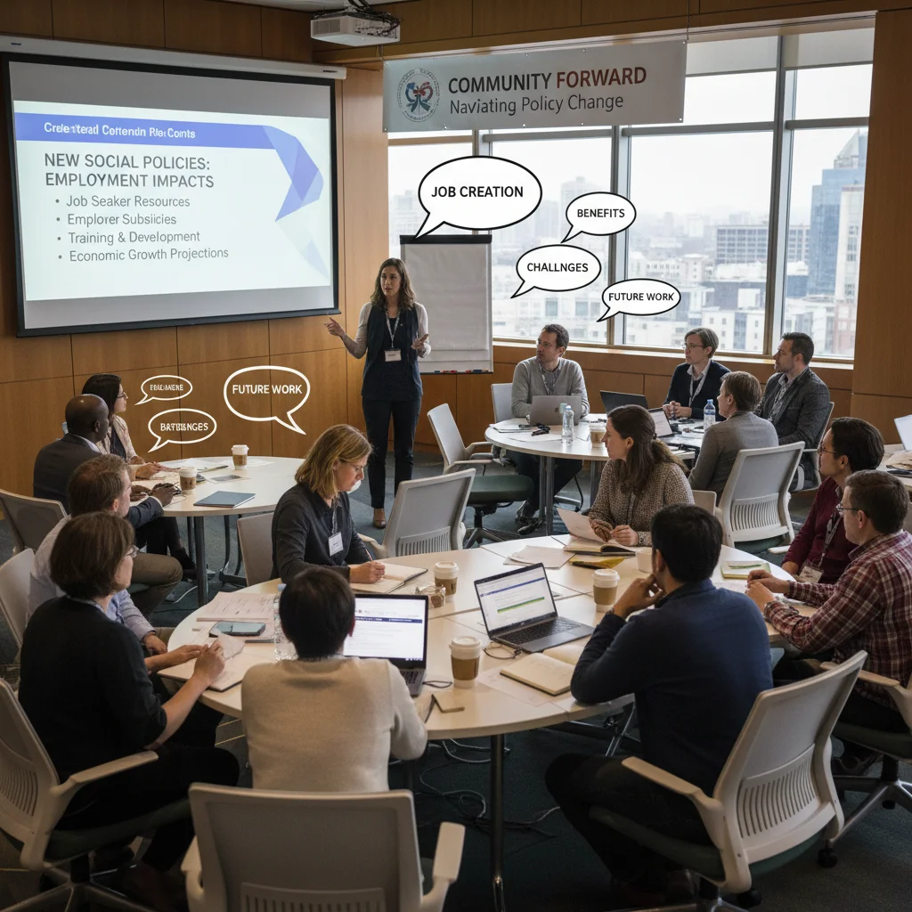 Groupe de personnes en discussion lors d'un atelier sur l'impact de la réforme chômage.