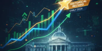 Graphique du CAC 40 atteignant un nouveau record historique début 2026, symbolisant la croissance économique.