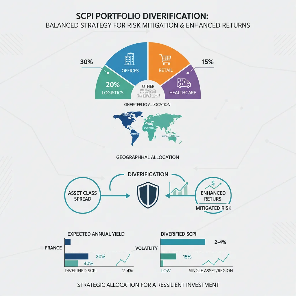 Infographie détaillée sur la diversification des portefeuilles SCPI par secteur et région géographique.