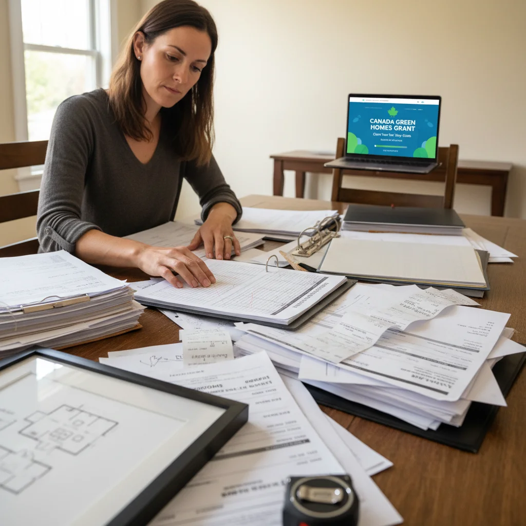 Personne examinant des documents financiers pour des travaux de rénovation, avec un ordinateur affichant des informations sur les aides.