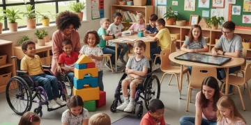 Groupe diversifié d'élèves, incluant des enfants à besoins spécifiques, apprenant ensemble dans une salle de classe moderne et inclusive.