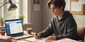 Jeune étudiant concentré préparant son dossier Parcoursup 2026 avec des livres et un ordinateur portable.