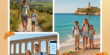 Famille heureuse utilisant les chèques-vacances Connect pour différentes activités de loisirs en France, incluant la plage et la montagne.