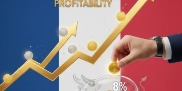 Graphique financier ascendant avec drapeau français, représentant la croissance du PEA et un rendement de 8%.