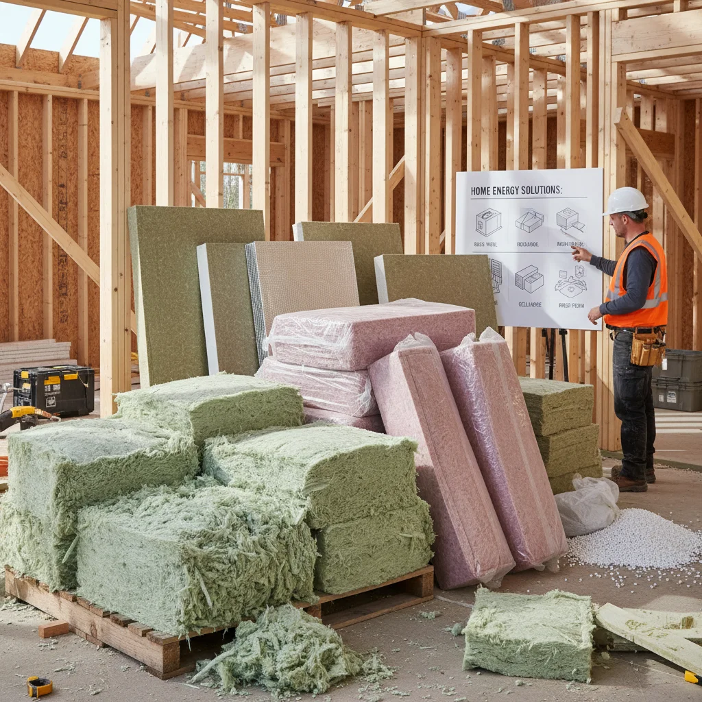 Différents matériaux d'isolation thermique pour l'habitat sur un chantier de rénovation.