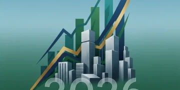 Graphique financier illustrant la croissance des SCPI en 2026 avec des bâtiments stylisés et des flèches ascendantes.