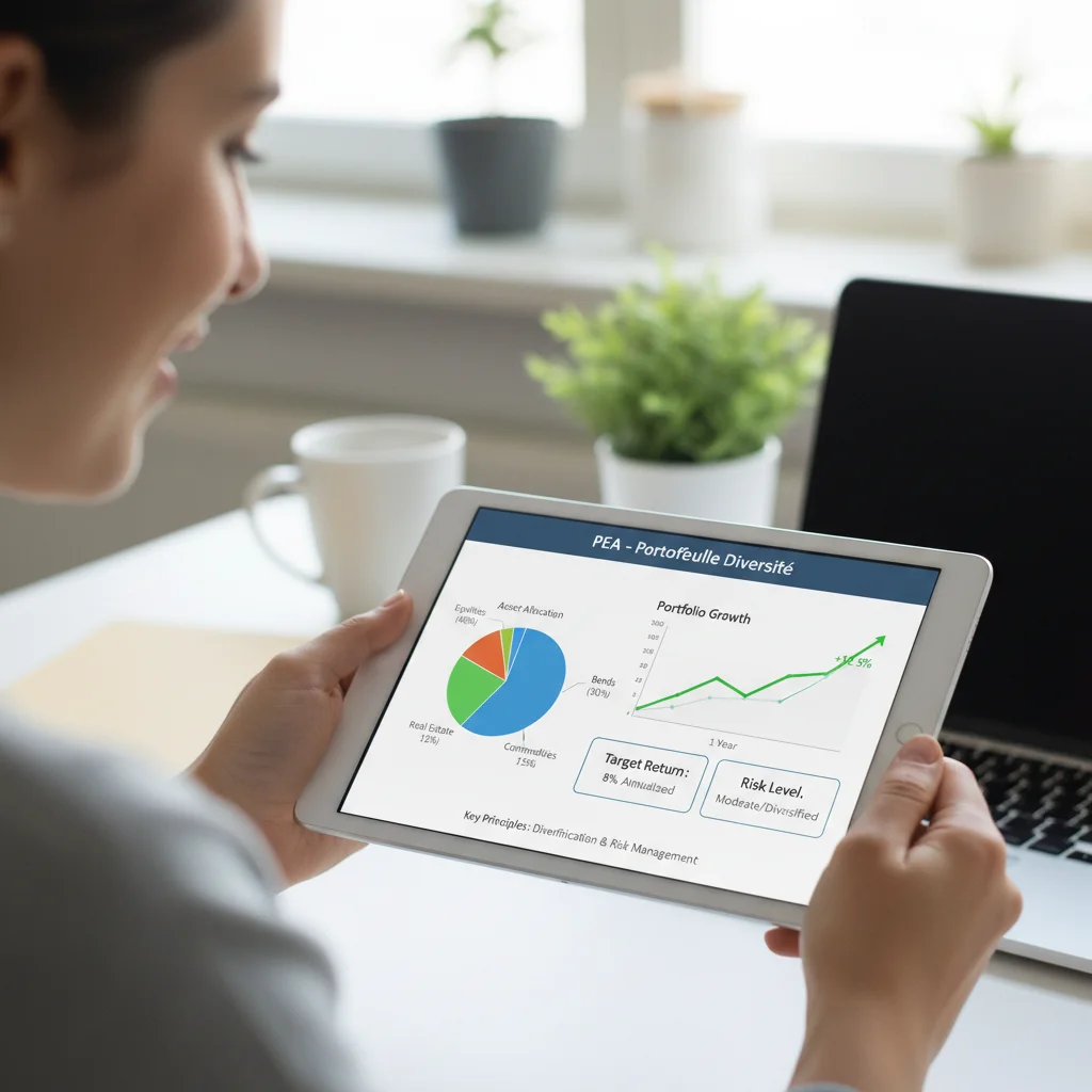 Personne consultant un portefeuille d'investissement diversifié sur tablette, avec des indicateurs de croissance pour un PEA.