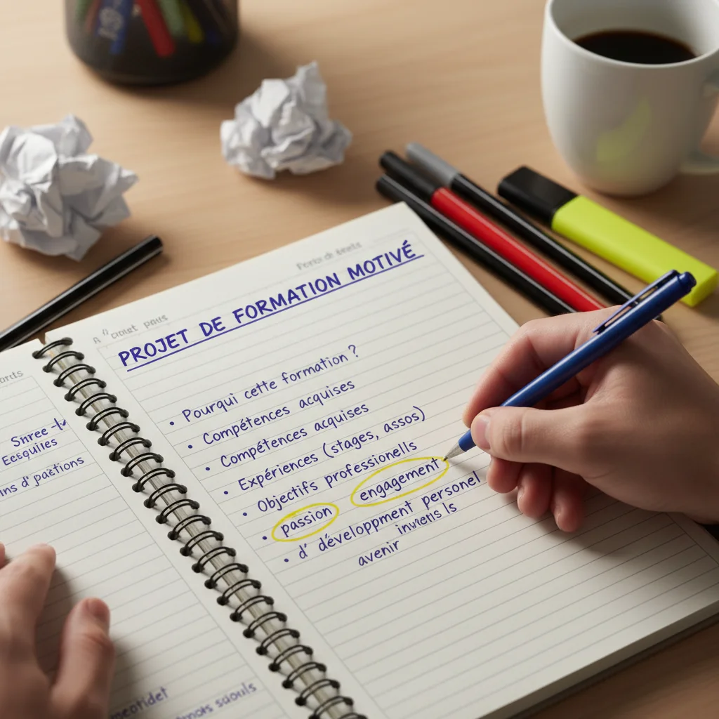 Main d'étudiant rédigeant une lettre de motivation pour Parcoursup, avec des notes organisées.