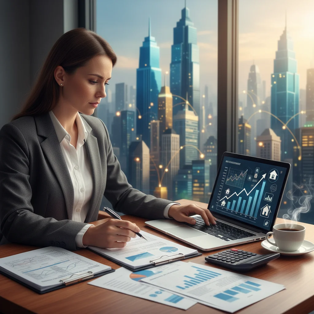Personne analysant des documents financiers et des projections d'investissement locatif sur un ordinateur portable.