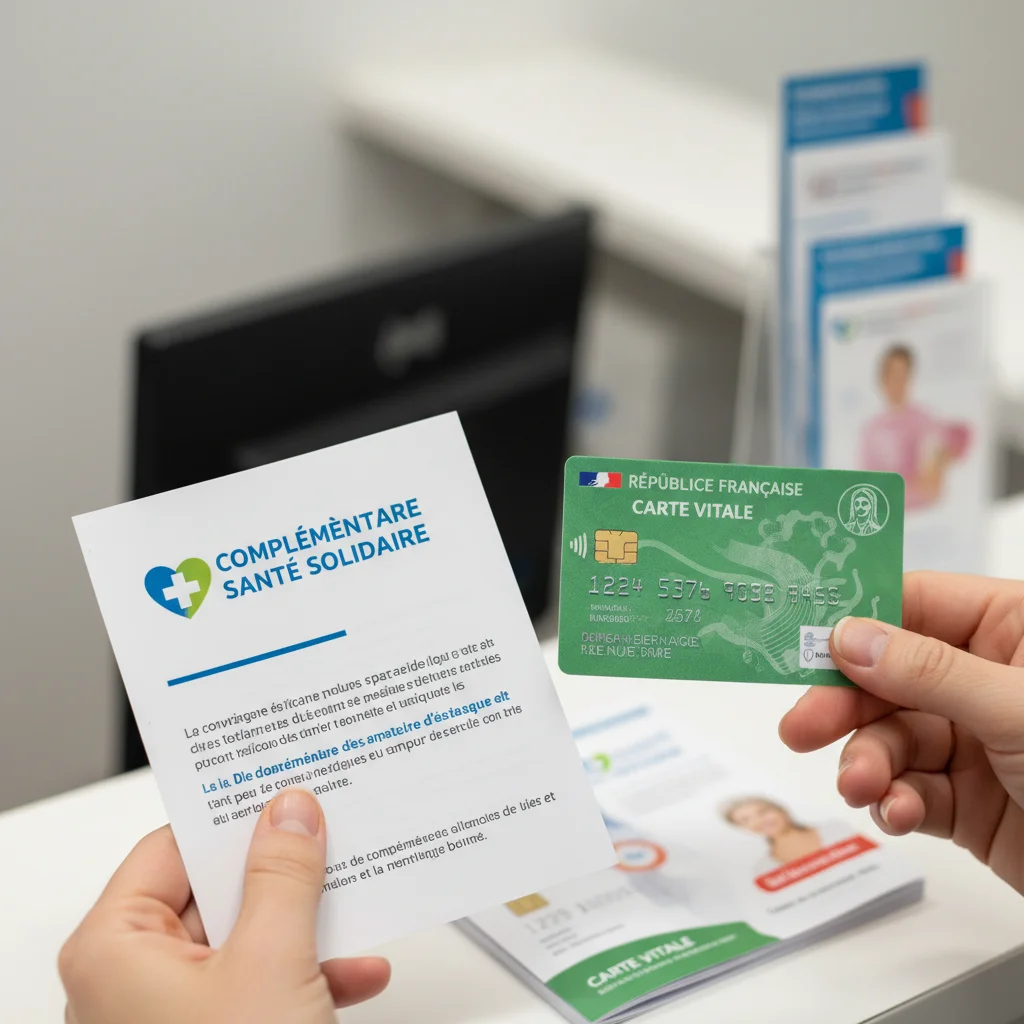 Main tenant une Carte Vitale et un document Complémentaire Santé Solidaire, symbolisant l'accès facile aux soins.