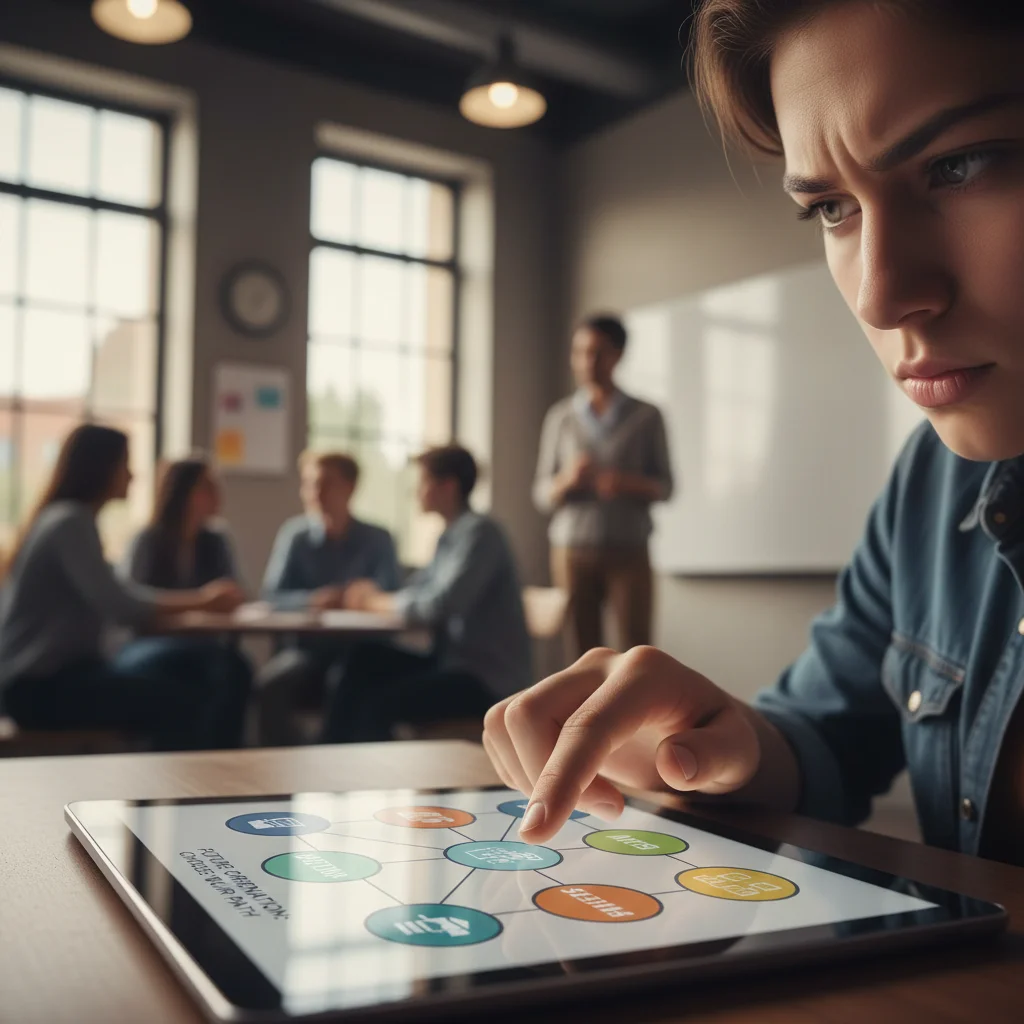 Main d'un élève choisissant des options d'orientation scolaire sur une tablette numérique, illustrant les défis de la réforme.