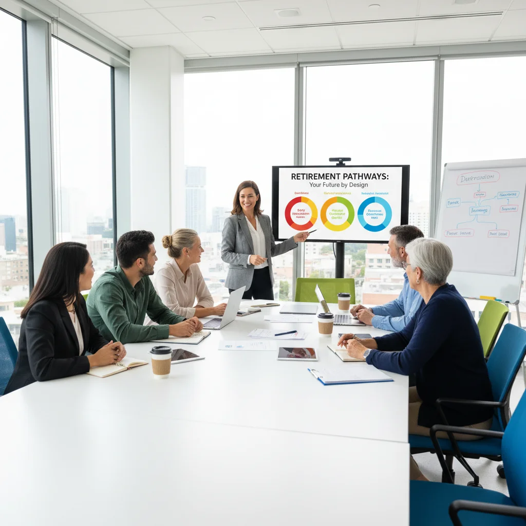 Groupe d'individus de différents âges discutant de stratégies d'épargne et de préparation à la retraite avec un conseiller financier.
