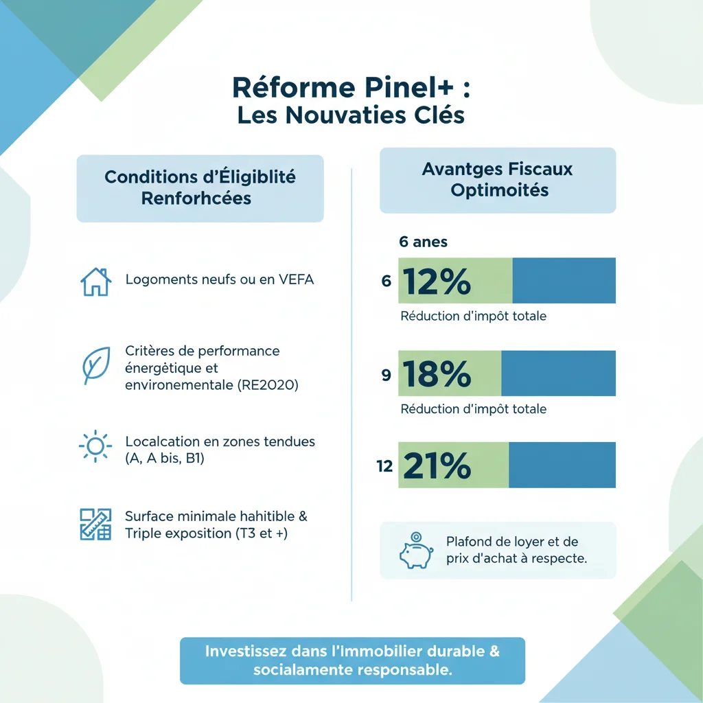 Infographie détaillant les avantages et conditions du dispositif Pinel révisé en 2026.