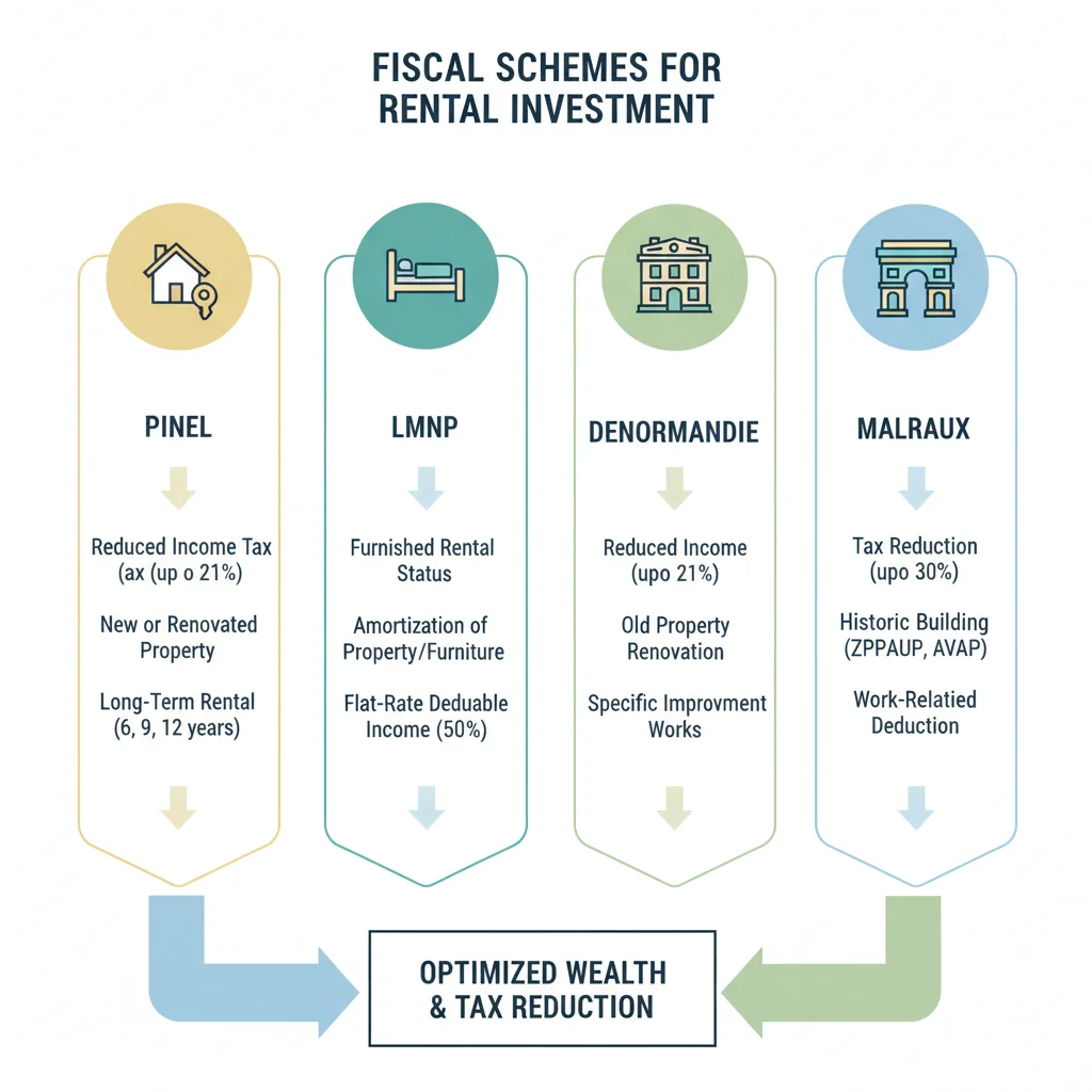 Schéma explicatif des dispositifs fiscaux Pinel, LMNP, Denormandie et Malraux pour l'investissement locatif.