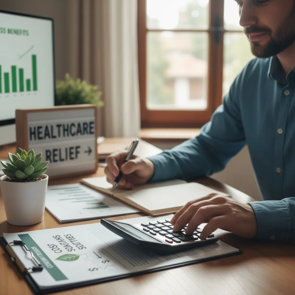 Personne examinant documents financiers et calculatrice, illustrant les économies réalisées grâce à la Complémentaire Santé Solidaire.