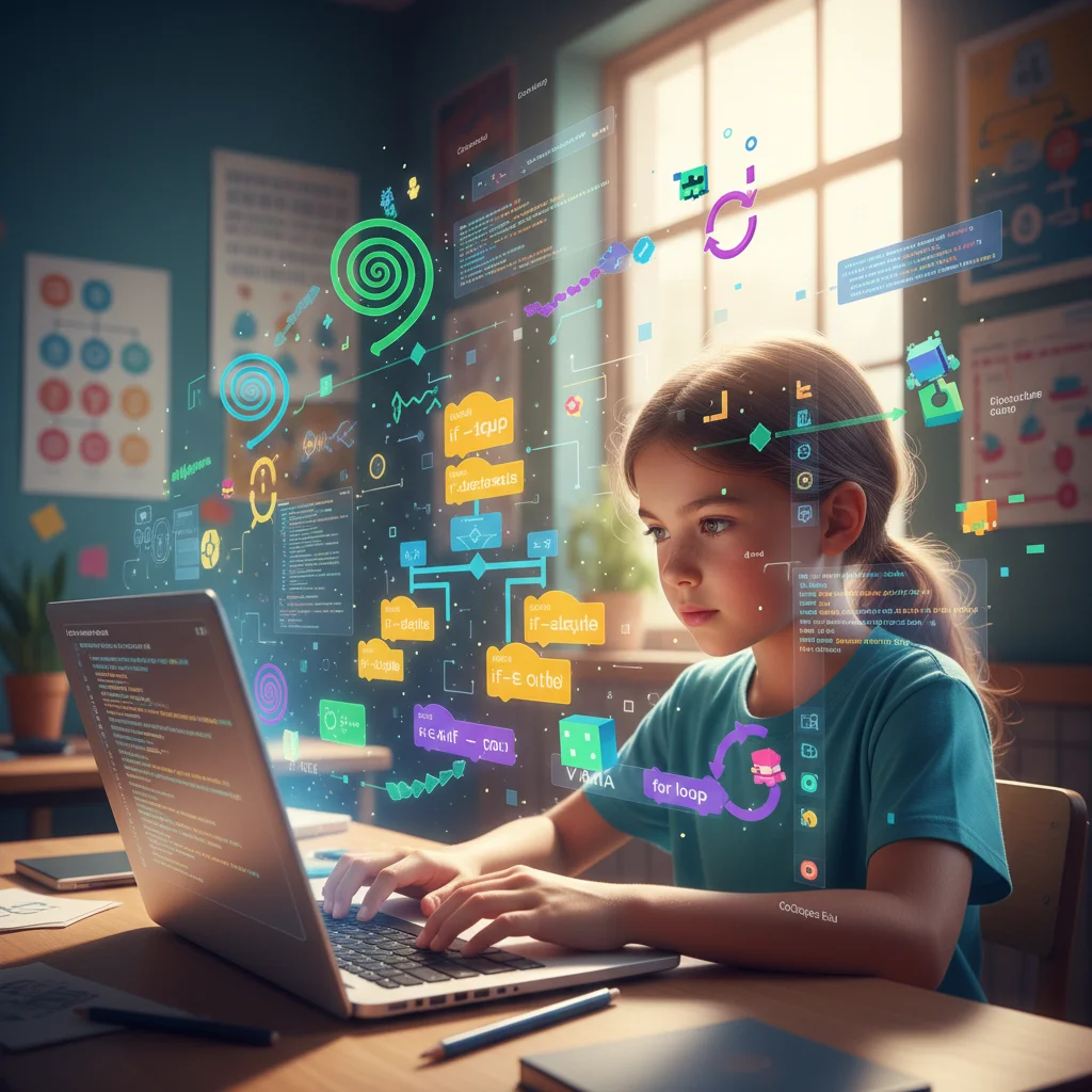 Jeune élève programmant sur un ordinateur portable, illustrant la pensée informatique.
