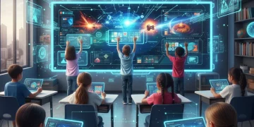 Enfants apprenant des compétences numériques dans une salle de classe moderne avec des outils technologiques.