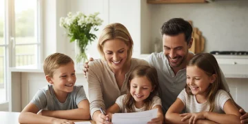 Réforme Allocations Familiales 2026 : Hausse de 5% pour 2 Millions de Familles Famille heureuse examinant des documents sur les allocations familiales en France