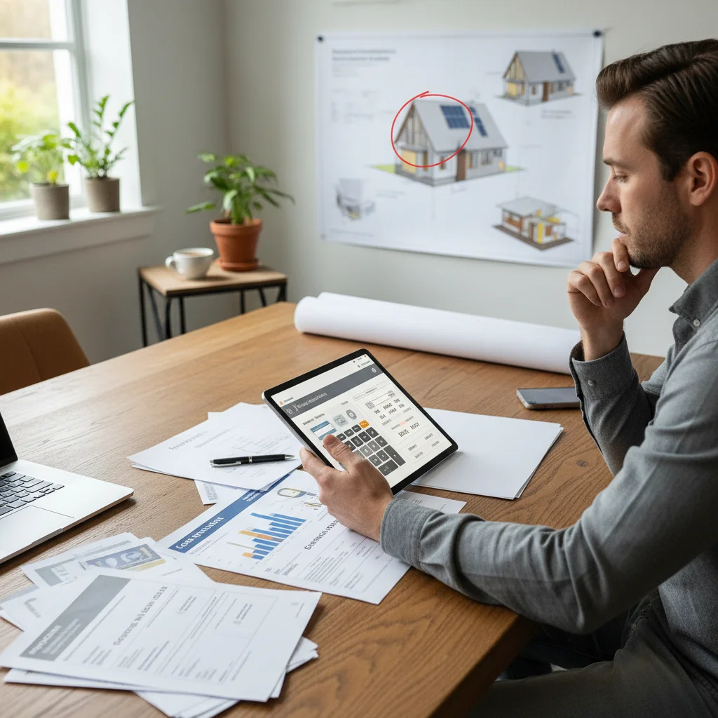 Propriétaire consultant des documents pour le financement des travaux de rénovation énergétique.