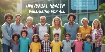 Groupe diversifié souriant avec icônes médicales, symbolisant la Complémentaire Santé Solidaire 2026 et l'accès universel aux soins.