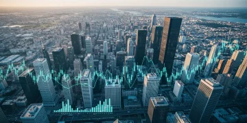 Actualités, Avantages et Éducation Financière : Votre Guide Complet Vue aérienne d'une ville au lever du soleil avec des graphiques financiers superposés, illustrant la complexité des marchés boursiers et l'économie mondiale.