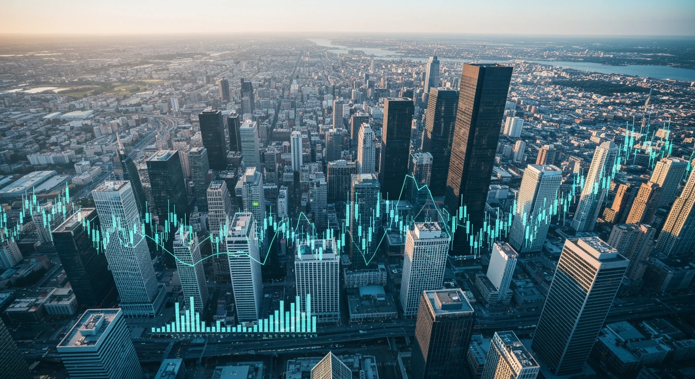 Vue aérienne d'une ville au lever du soleil avec des graphiques financiers superposés, illustrant la complexité des marchés boursiers et l'économie mondiale.