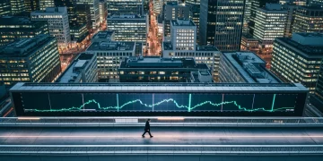Décrypter l'Impact des Nouvelles sur vos Avantages et l'Éducation Financière Vue aérienne d'un quartier financier urbain au crépuscule. Un graphique boursier s'affiche sur un écran LED d'un immeuble, symbolisant l'impact des nouvelles économiques. Une personne marche sur un pont piétonnier.