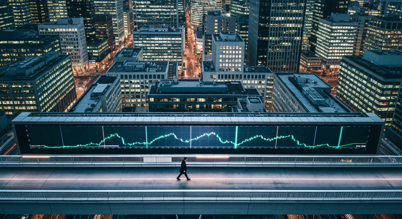 Vue aérienne d'un quartier financier urbain au crépuscule. Un graphique boursier s'affiche sur un écran LED d'un immeuble, symbolisant l'impact des nouvelles économiques. Une personne marche sur un pont piétonnier.