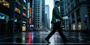 L'Odyssée Financière: Comment les Nouvelles Façonnent Vos Avantages et Votre Savoir Une personne marchant dans un quartier financier urbain reflétant des statistiques économiques sur des surfaces humides, illustrant l'impact des nouvelles financières.