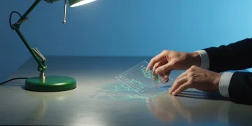 Nouvelles, Avantages et Éducation Financière : Un Regard Croisé sur l'Économie Personnelle Mains d'une personne manipulant des feuilles de données financières en acrylique, avec des lignes lumineuses vertes, sur un bureau en béton poli, illustrant l'écosystème financier complexe.