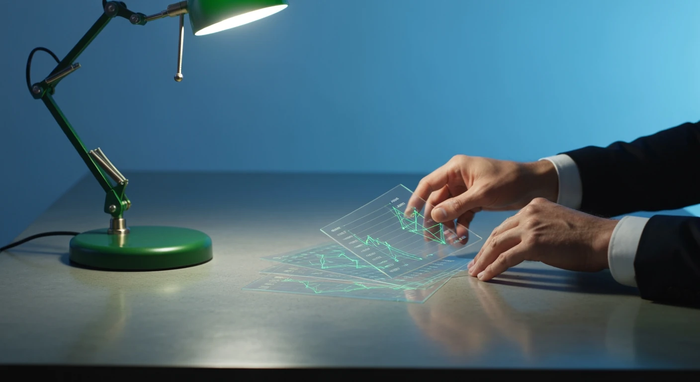 Mains d'une personne manipulant des feuilles de données financières en acrylique, avec des lignes lumineuses vertes, sur un bureau en béton poli, illustrant l'écosystème financier complexe.